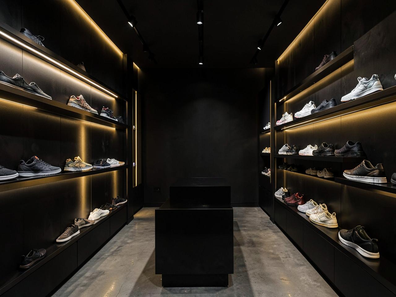 Interior de la tienda Shoestore1992 con estanterías de tenis iluminadas en dorado